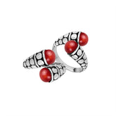 Sterling Silver Red Coral double cabochon split band ring with dotted Balinese design